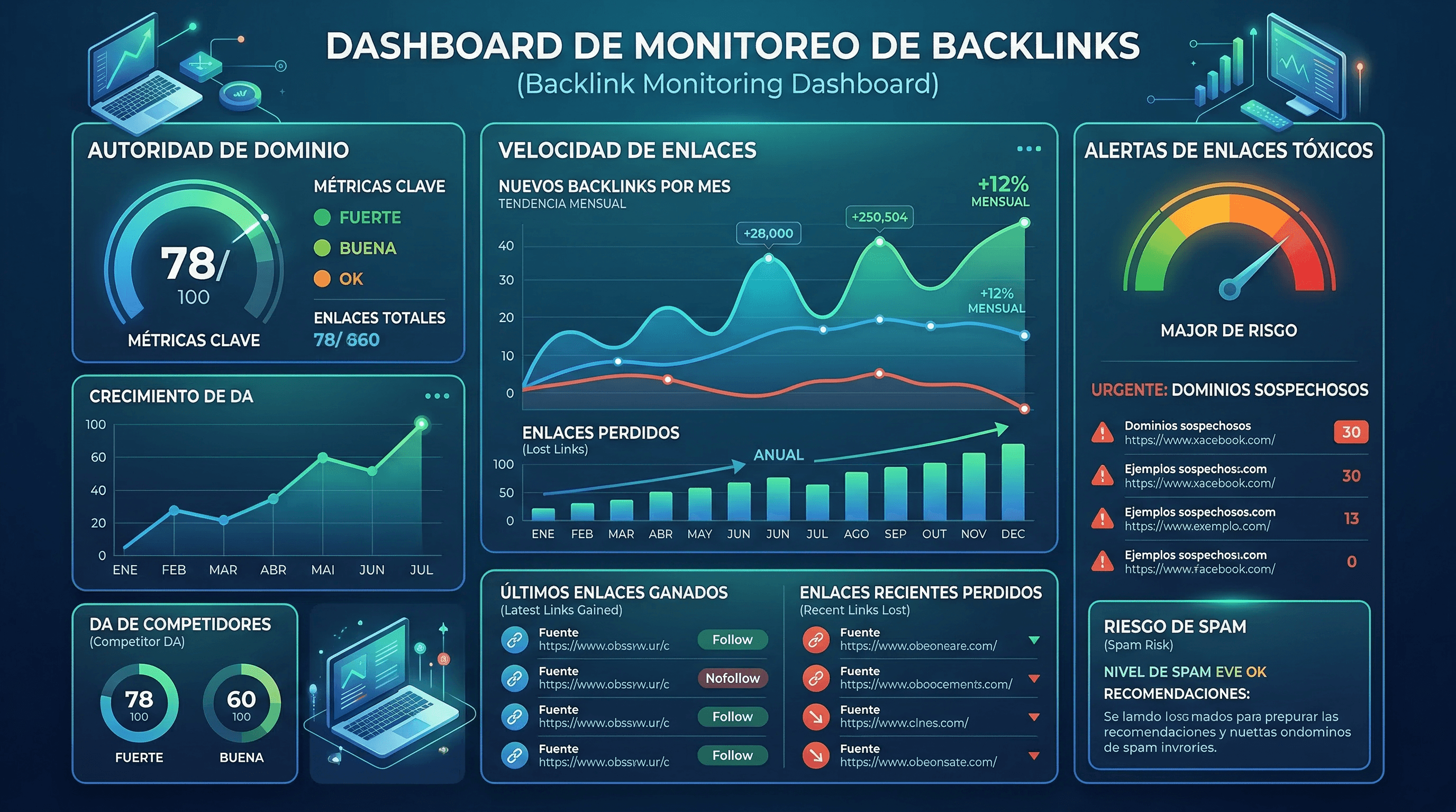 Dashboard de herramientas SEO mostrando métricas de backlinks y salud del perfil de enlaces para optimizar el posicionamiento web.