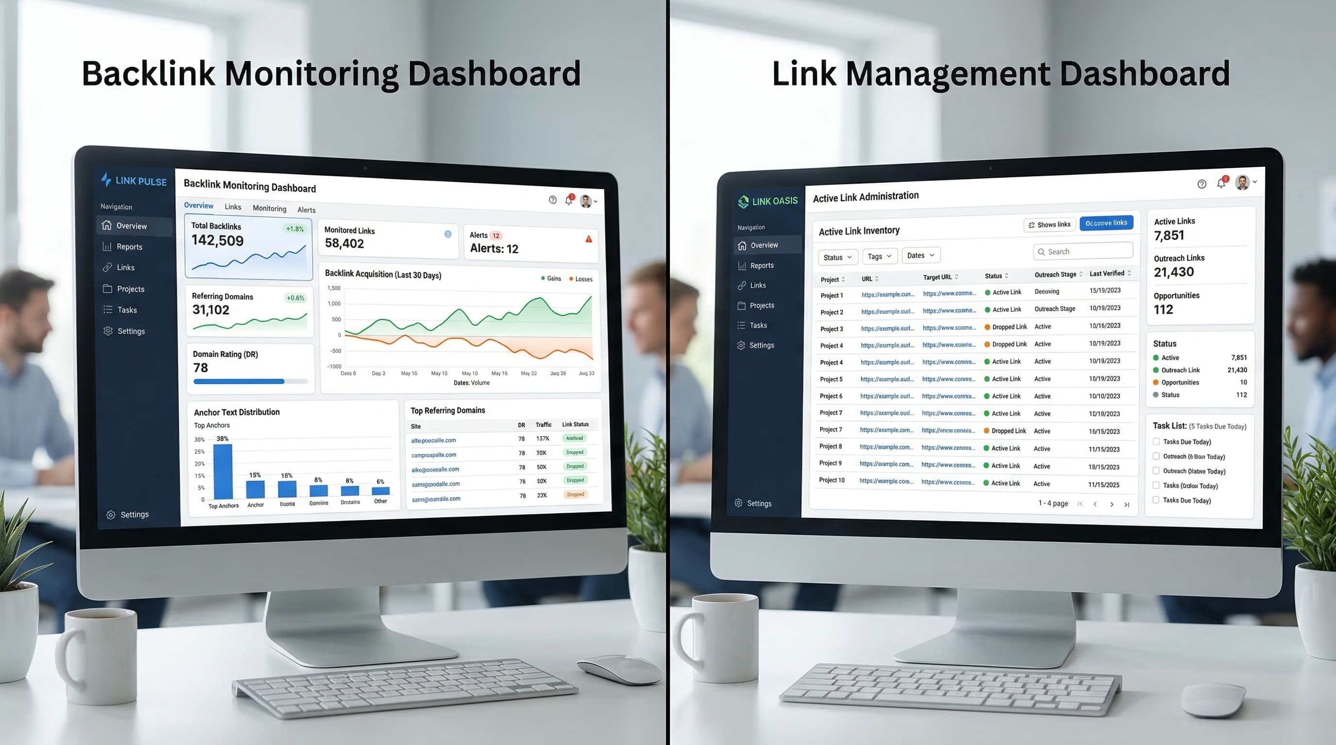 Comparison table showing feature sets and interface previews for The Link Hub and backlinkcrm.io side by side.